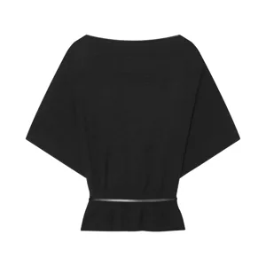 Close-up detail of the black knitted batwing top showing the sleek thin waist belt and fine texture.