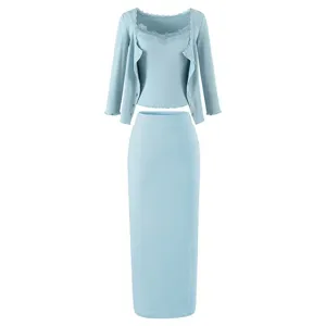 Light blue knit 3-piece set cardigan camisole and maxi pencil skirt for women stylish