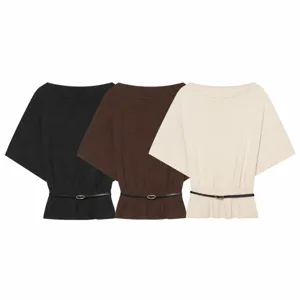 Women Casual Knitwear Solid Color Off Shoulder Half Sleeve Top With Belt Elegant Commuting Pullover Fashion Apparel