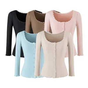 Women ribbed long sleeve cardigan scoop neck lace trim button front casual slim fit top