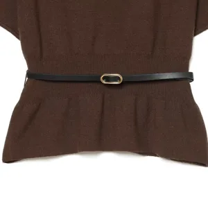 Brown knit short sleeve top with black belt, stylish commuter casual womenswear top.