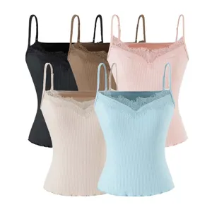 Women ribbed knit camisole featuring delicate lace V-neck trim and adjustable straps, multi-color.