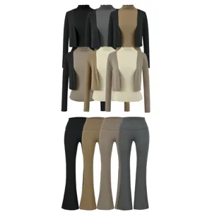 Detailansicht der Damen Freizeit Strickjacke Langarm Oberteil und hohe Taille Schlaghose Set