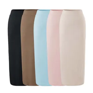 Close-up view of ribbed knit midi skirts featuring soft texture and stretchy high-waist fit.