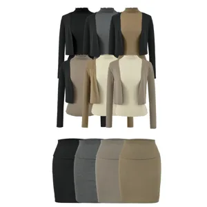 Damen Einfarbig Cardigan Langarm Top Stehkragen Weste und Rock passendes Set.