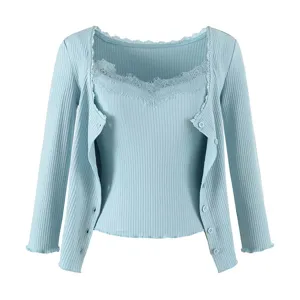 Light blue knit cardigan and camisole set, exquisite lace trim, fine ribbed texture.