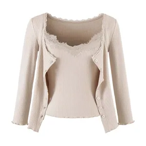 Ribbed knit cardigan and lace camisole set, delicate V-neck detail for women autumn wear.