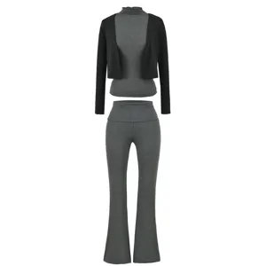Damen 3-teiliges Set einfarbige Strickjacke Stehkragen Oberteil Schlaghosen Set elegant