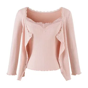 Pink ribbed knit cardigan and lace trim camisole top set, sweet and soft spring autumn outfit.