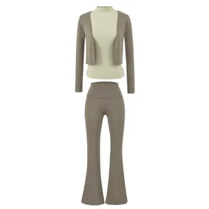 Damen Einfarbig Strickjacke Top Schlaghose Set. Elegantes bequemes 3-teiliges Freizeitoutfit.