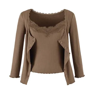 Brown ribbed knit cardigan and lace camisole two-piece set for women, elegant daily wear.