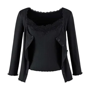 Black ribbed knit cardigan and lace camisole two piece set for women elegant autumn wear