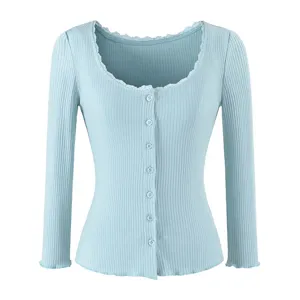 Light blue long sleeve ribbed knit cardigan top with delicate lace trim and button detail.