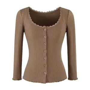 Women brown ribbed long sleeve knit cardigan lace trim button up casual top for spring wear