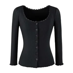 Black ribbed knitted cardigan with scoop neck and delicate lace trim, long sleeve slim fit top.