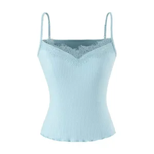 Light blue ribbed knit camisole featuring delicate lace V-neck trim and slim fit sleeveless design.