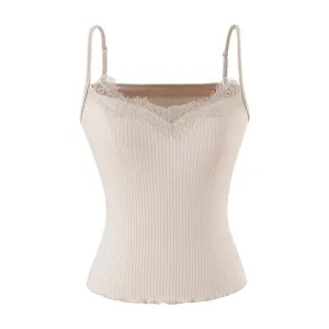Elegant beige ribbed camisole top featuring delicate lace V-neck trim and adjustable straps.