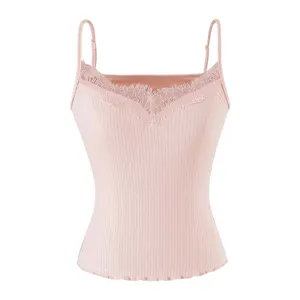 Pink ribbed knit camisole top with lace V-neck and delicate adjustable straps for women.