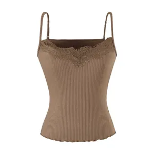 Brown ribbed knit camisole with delicate lace trim, adjustable straps, and lettuce edge detail.