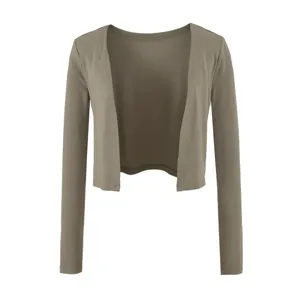 Einfarbiger langärmliger kurzer Strickjacke Shrug Detailansicht, bequeme weiche Alltagsmode.