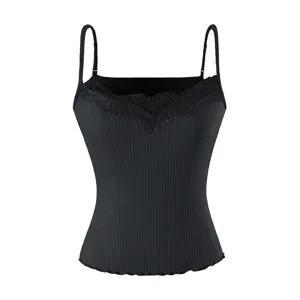 Black ribbed camisole top for women featuring delicate lace V-neck trim and adjustable straps.