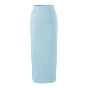 Light blue high waist ribbed bodycon maxi skirt, elegant knit long skirt for women daily wear.