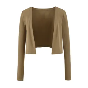 Khaki kurze Langarm Strickjacke offene Vorderseite, einfarbige lässige Streetwear.