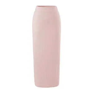 Pink ribbed knit high-waist maxi skirt, elegant bodycon long skirt for women daily wear.