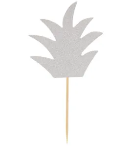 Silver glitter pineapple leaf cake topper detail view, ideal for birthday and wedding party decoration.