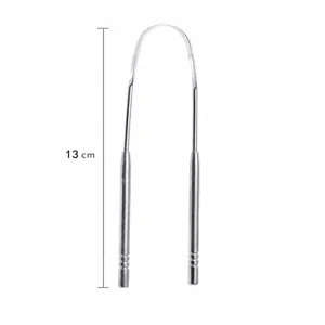 Stainless steel tongue scraper detail view, metal oral cleaner with anti-slip handle grip.