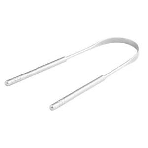 Stainless steel tongue scraper detail view, professional oral hygiene cleaning tool design.
