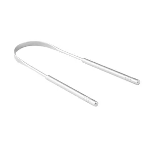 Stainless steel tongue scraper detail view, durable oral care tool for fresh breath cleaning.