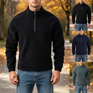 Men's 1/4 zip fleece sweatshirt autumn winter stand collar solid color casual pullover top