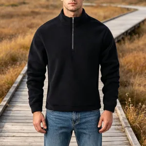 Close-up view of the black fleece fabric texture and high collar zipper detail.