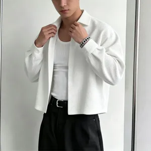 Men's textured white button-up overshirt long sleeve loose casual lapel layered shirt detail.