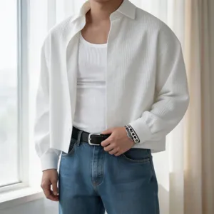 Men textured cropped long sleeve shirt loose fit casual lapel button down top detail view
