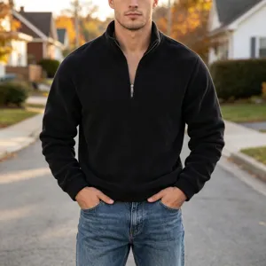 Details of the mens half-zip fleece sweatshirt, showing collar, zipper and soft fabric texture.