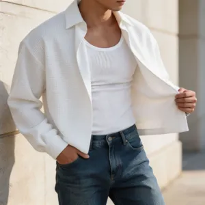 Men textured long sleeve shirt casual loose lapel button down top fashion layering clothing
