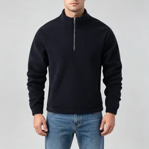 Close-up detail of men's half-zip fleece sweatshirt with cozy stand-up collar.