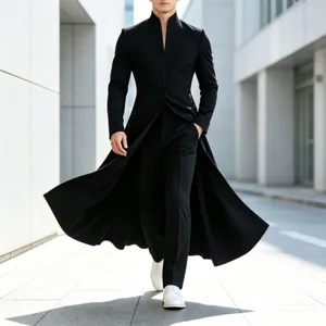 Homme noir col montant long trench coat cintré veste de costume formelle élégante