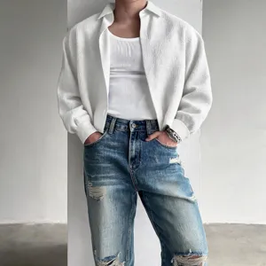Men's textured cropped long sleeve shirt, loose lapel layering casual solid white top.
