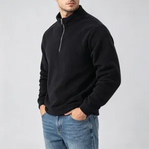 Men's quarter zip fleece pullover, black stand collar sweatshirt, cozy winter thermal top.