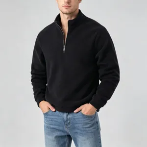 Detailed view of the mens black quarter zip fleece sweatshirt showcasing soft fleece texture.
