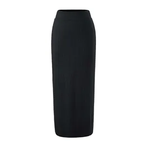 Black ribbed knit high-waist long pencil skirt detail view for daily women fashion.