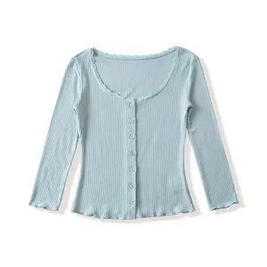 Light blue ribbed knit cardigan detail featuring delicate lace trim and front button closure.