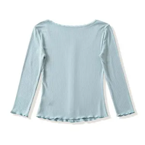 Light blue ribbed long-sleeve knit top featuring delicate lettuce edges and V-neck.