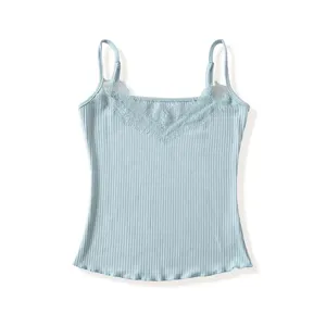 Light blue lace trim ribbed knit camisole top, casual v-neck sleeveless tank for women.