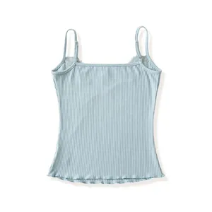 Light blue ribbed knit camisole, delicate lace V-neck trim, sleeveless slim fit summer top.