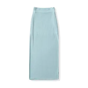 Light blue ribbed knit maxi skirt, high-waisted bodycon long skirt detail display.