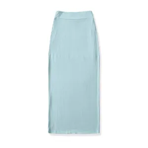Light blue ribbed knit midi skirt detail, high waist slim fit design for daily wear.